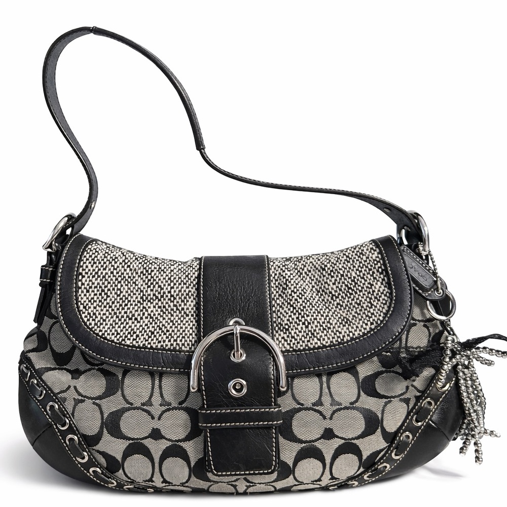 Y2K Vintage Coach Black and Gray Signature Canvas Shoulder Bag with Buckle